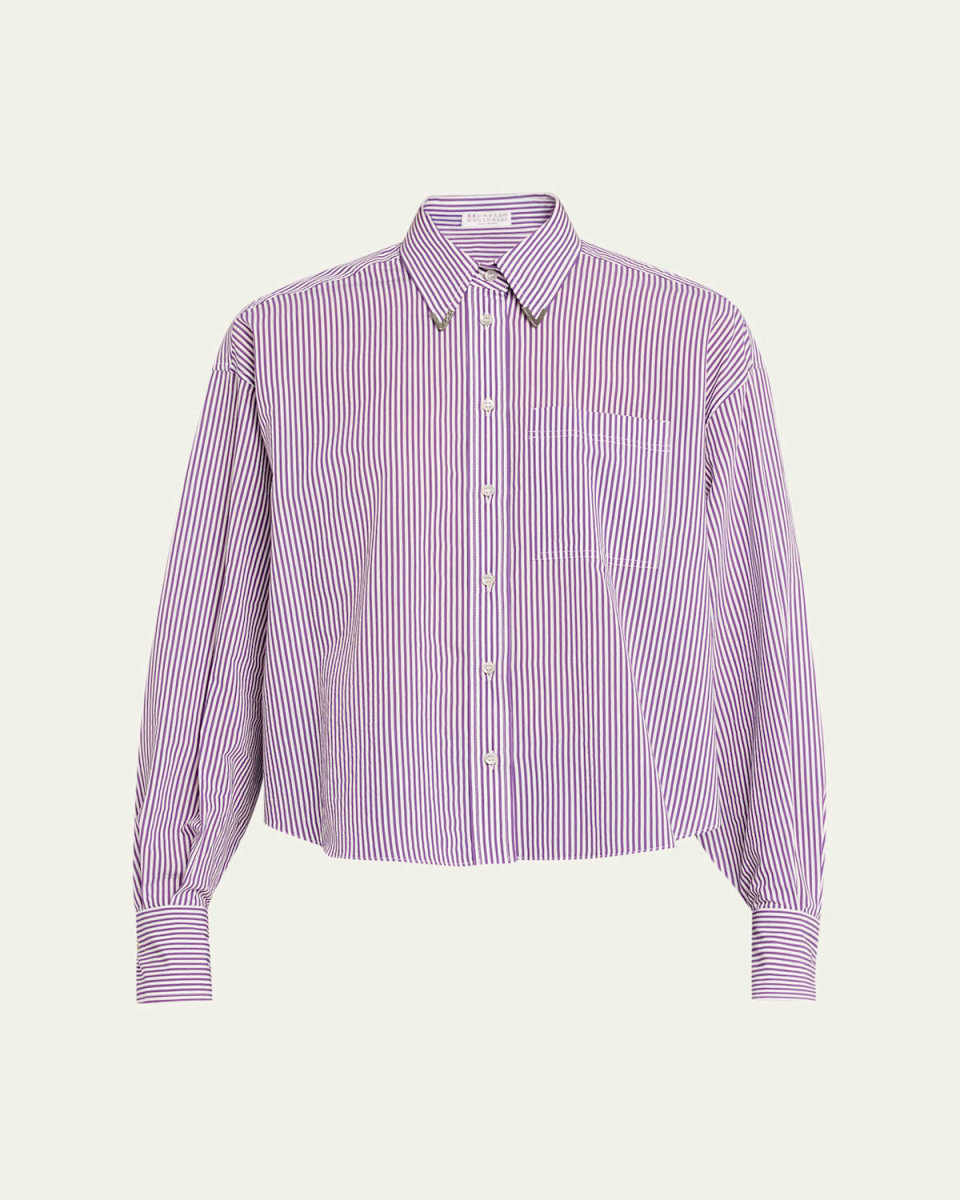 Techno Cotton Button-Front Top with Brass Trim